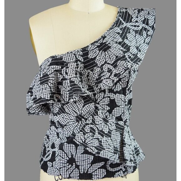 ZARA WOMAN FLORAL PRINT BLACK ONE SHOULDER RUFFLE TOP - Picture 2 of 6